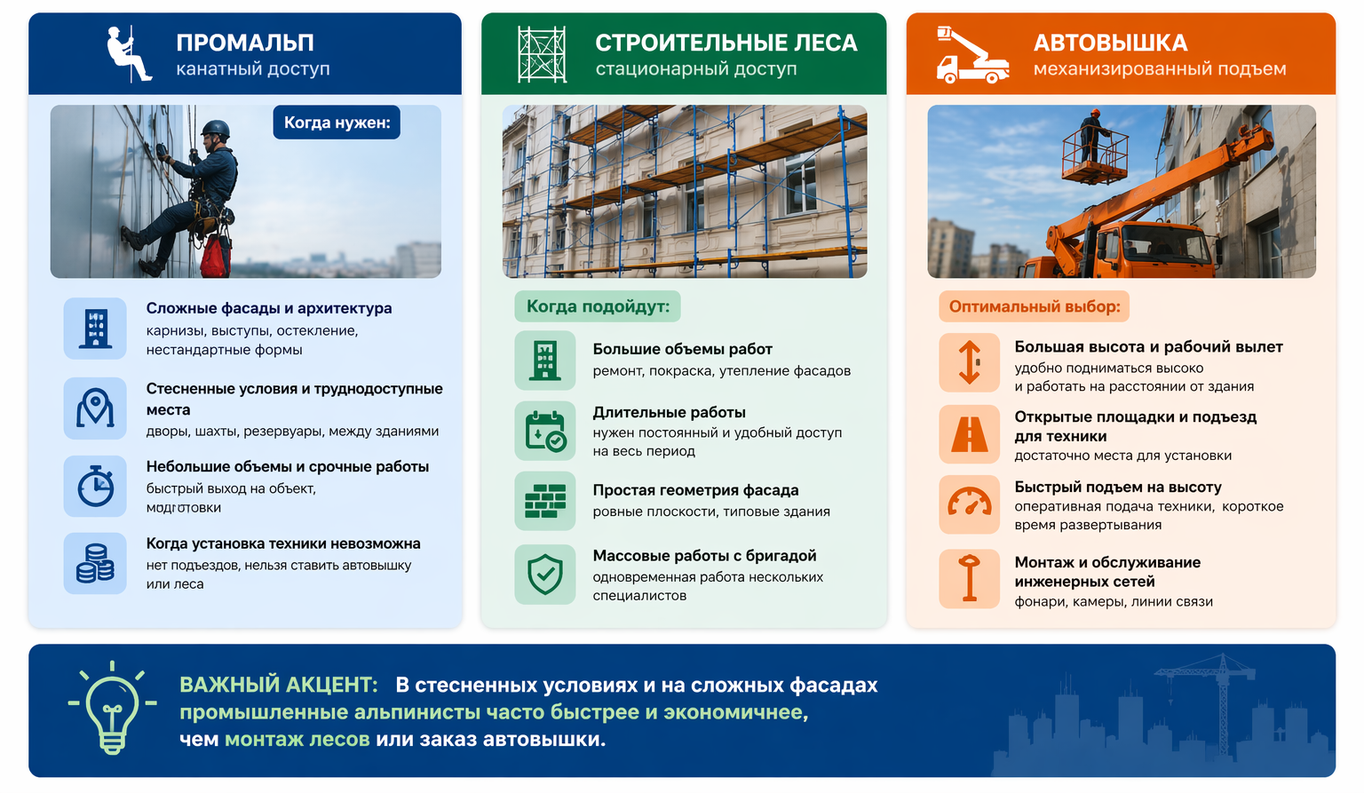 Когда нужен промышленный альпинист, а когда подойдут леса или автовышка